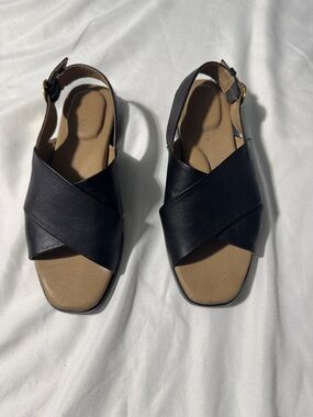 Poppy Barley Leather Sandals Size 5 Black Slingback Cushioned Modern Minimalist